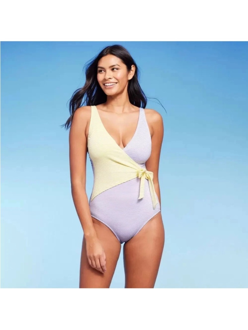 NWT Kona Sol Women Front Wrap Full Coverage One Piece Swimsuit Purple Yellow XL